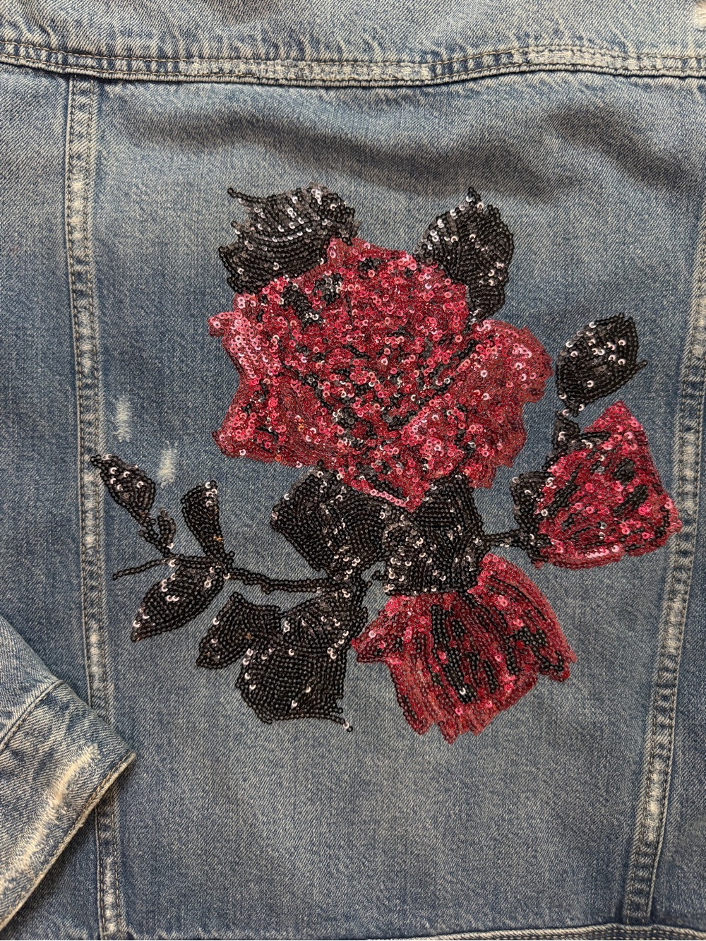 PAIGE Denim Jacket with Pink Sequin Rose and Black Leaf Detail - Picture 7 of 7